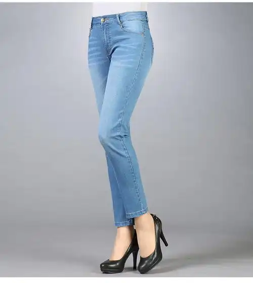 新品女士牛仔裤春夏季薄款白色妈妈九分裤女高腰直筒弹力女裤中年裤子