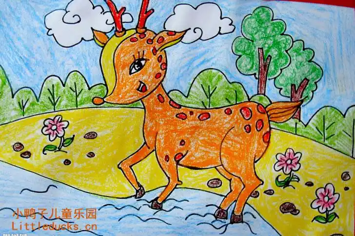 儿童油画棒作品美丽的梅花鹿