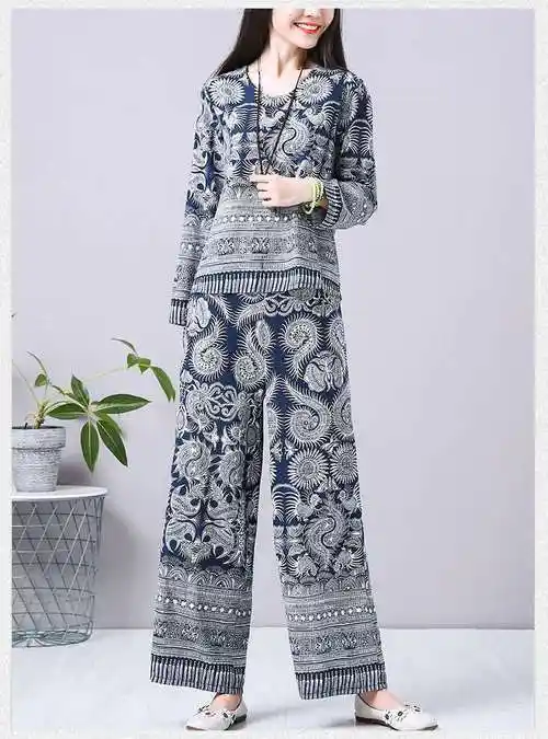 民族风棉麻套装女2022春季新款大码复古文艺印花显瘦两件套女装潮丈