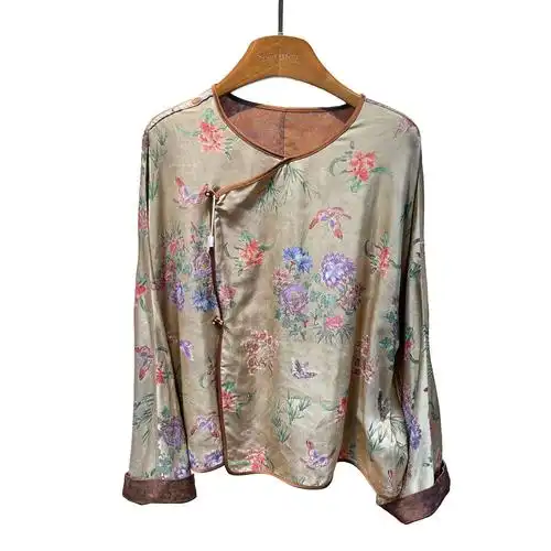 新中式香云纱真丝提花斜襟上衣粉色梅兰竹菊提花桑蚕丝外套女装