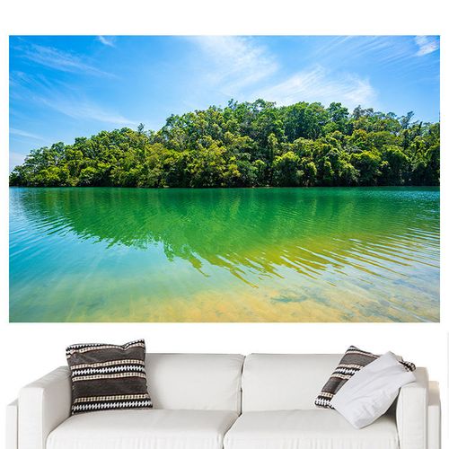 蓝天白云绿水青山树林湖泊装饰画湖水静面墙贴客厅自然风景自粘