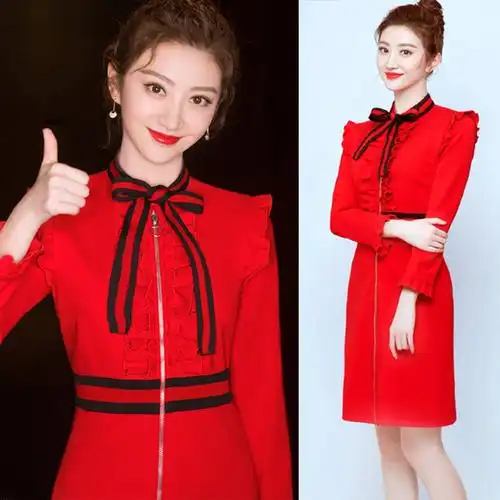 景甜春晚明星同款裙子长袖蝴蝶领结红色礼服连衣裙春装2018新款女