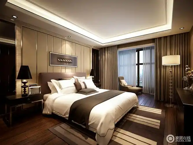 卧室利用褐色和驼色打造了一个沉稳的空间,驼色床头背景中的条纹与双