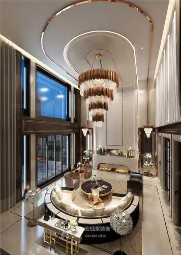 郑州现代奢华风邹公馆别墅双层挑空客厅设计效果图