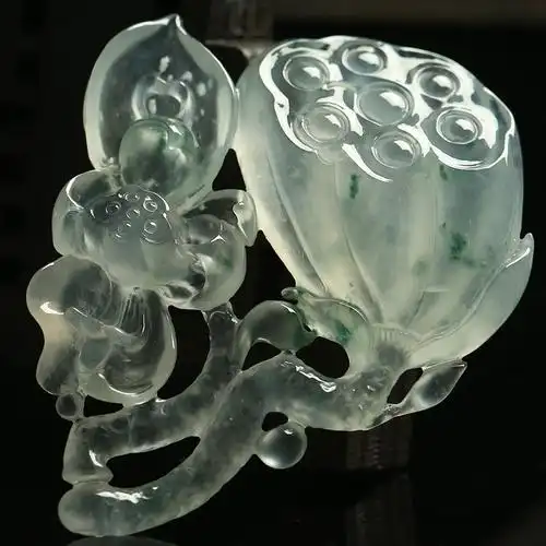 收藏级天然翡翠a货冰种淡飘花起光荷花莲蓬吊坠--多子多福 12.29g