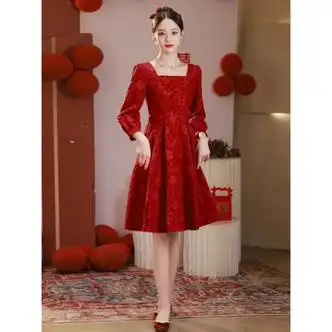 库衣场孕妇敬酒服新娘平时可穿长袖遮肚大码新款子小个子结婚礼服胖mm