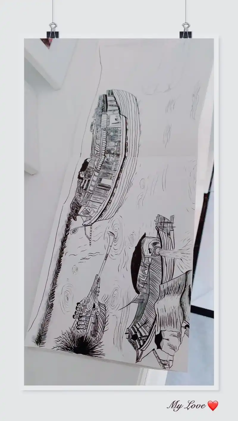 部分清明上河图 #黑白线描画 #想画就画 #美术作业 - 抖音