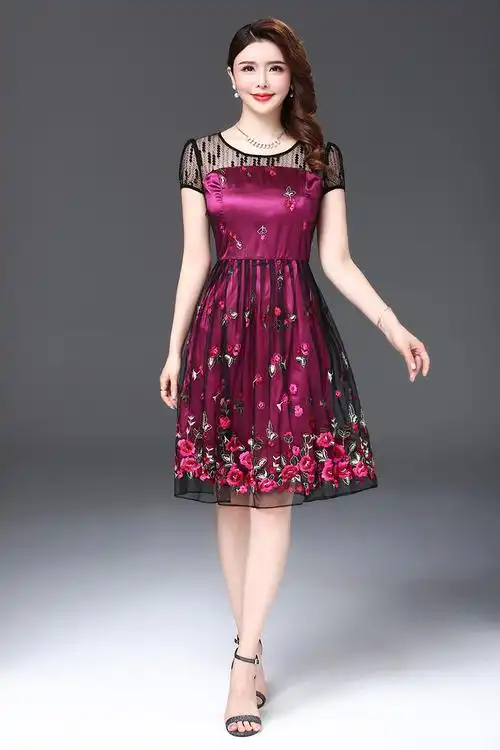 气质妈妈装高档蕾丝绣花连衣裙(货号 cq888)