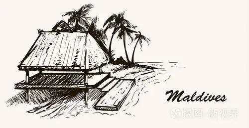 海边的房子在海滩上马尔迪维里. 手绘的马尔代夫素描图.