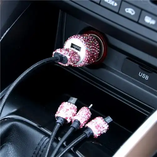 镶钻车载充电器一拖三汽车车充点烟器转换插头usb多功能手机快充