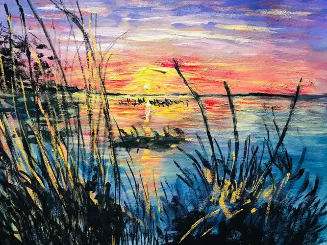 夕阳中风平浪静的海平面水粉风景画