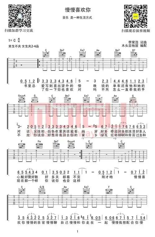 慢慢喜欢你吉他谱c调莫文蔚弹唱谱高清图片谱