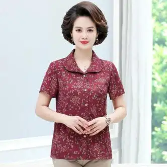 璟浩老人女装夏天穿的短袖村衣中老年老年人夏装女衬衫50岁60雪纺衬衣