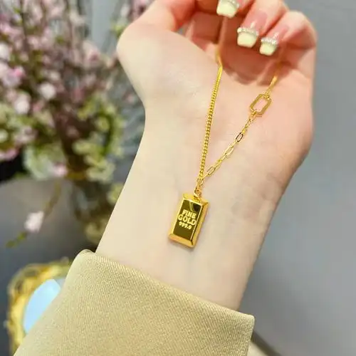 【七夕礼物】优选暴富小金条黄金项链999足金方形立体吊坠5g金字母ab