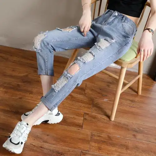 实拍高腰破洞牛仔裤女宽松2020春季新款九分显瘦乞丐直筒老爹裤子