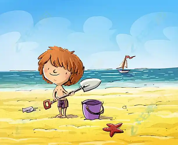卡通沙滩上可爱小朋友高清图片下载