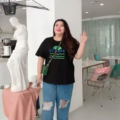 胖mm大码显瘦印花t恤200斤宽松遮肚子上衣女百搭休闲夏装短袖加大