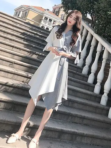 冷淡风连衣裙女春夏装显瘦中长裙不规则拼接裙子休闲百搭小礼裙女