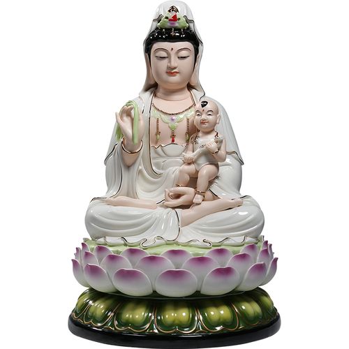 德化陶瓷16寸坐全彩绘送子观音像供奉观世音菩萨佛像摆件