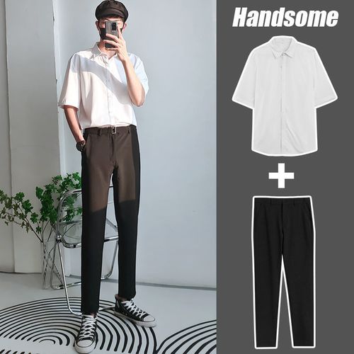 男士休闲套装夏季潮流轻熟风高档短袖衬衫两件套男上班族西裤穿搭