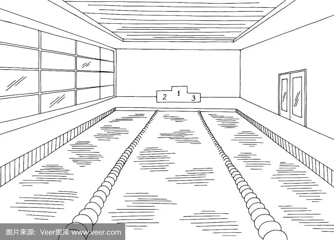 游泳池内部图形黑白草图插图矢量