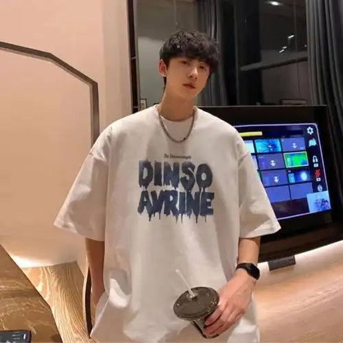 藏青色纯棉重磅短袖t恤男夏季潮牌潮流oversize高级感半截袖体恤 - 17