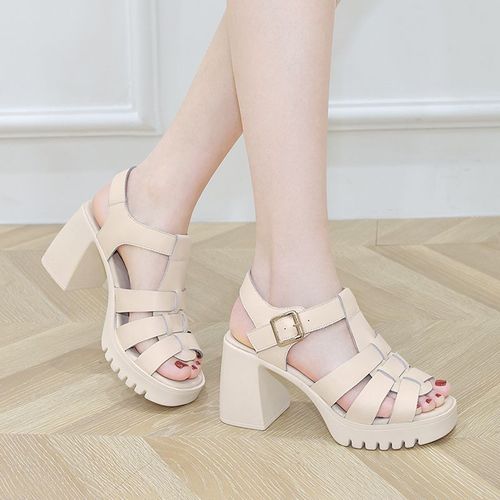 罗马凉鞋女厚底粗跟优雅松糕鞋真皮鱼嘴女士一字带高跟鞋夏季女鞋