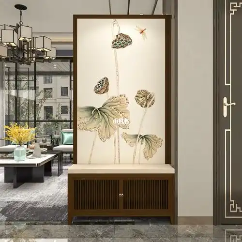 新中式进门客厅玄关屏风隔断荷花置物架鞋柜