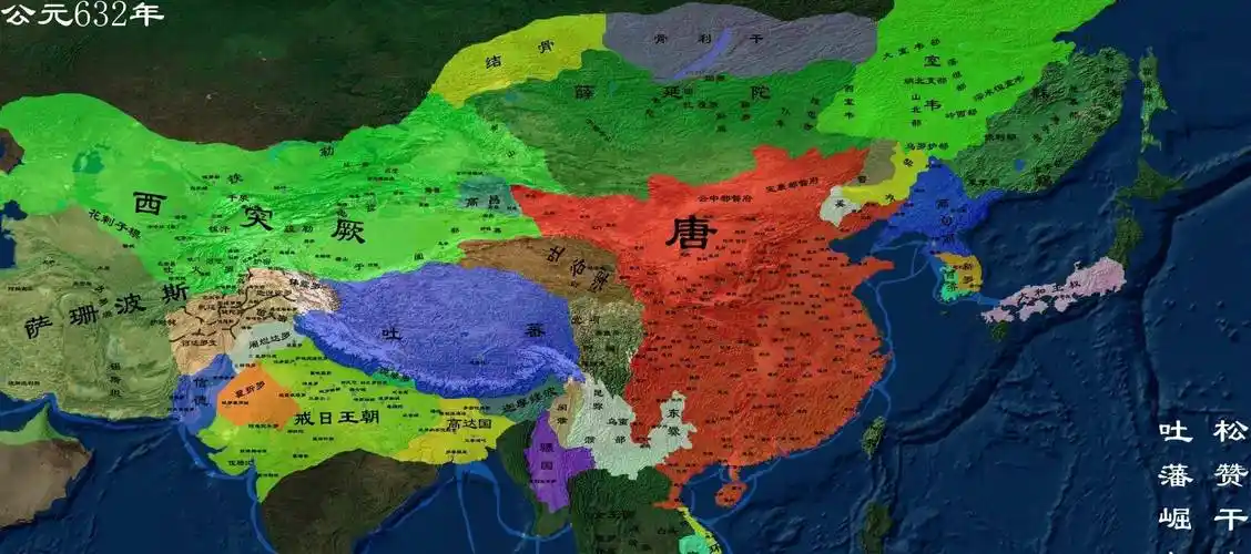 从地图上可以看出,唐太宗初年,大唐疆域基本沿袭隋朝,辽东有契丹,高句