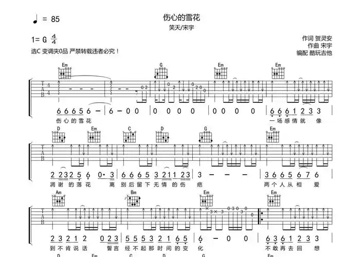 笑天宋宇伤心的雪花吉他谱c调吉他弹唱谱