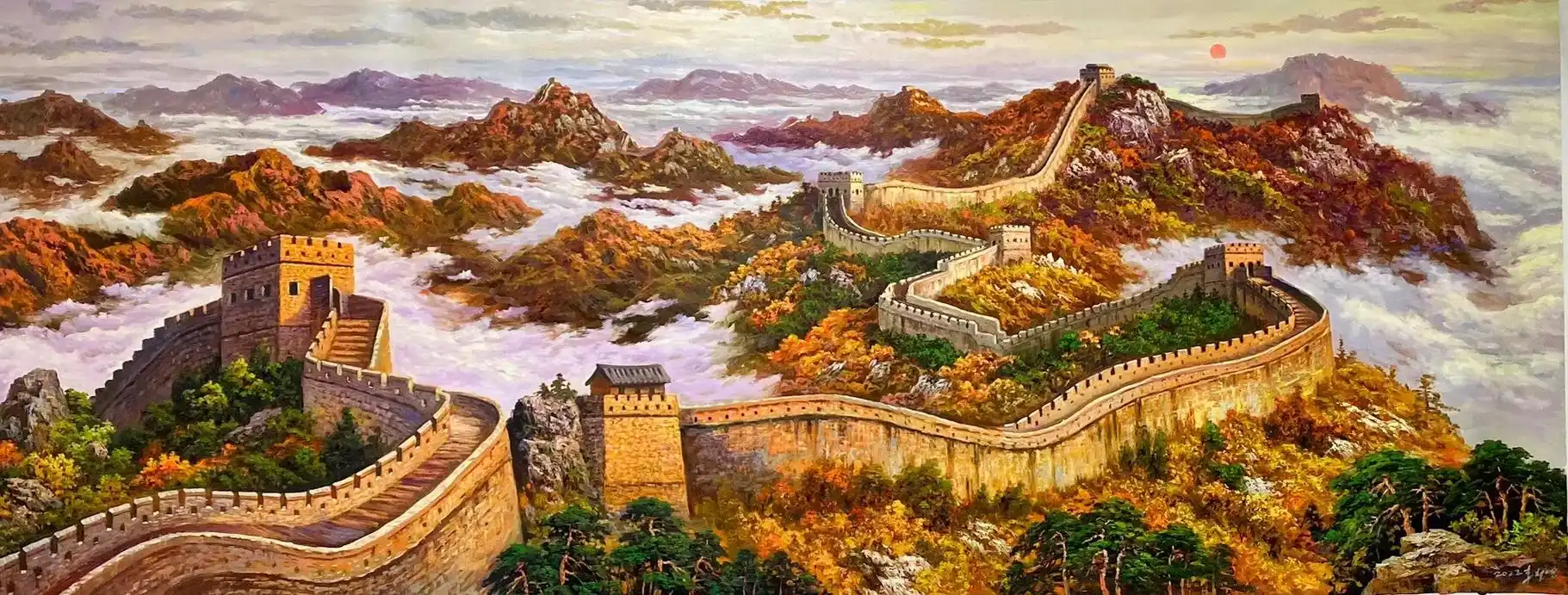 九龙阁朝鲜油画艺术《万里长城永不倒》纯手绘油画 - 抖音