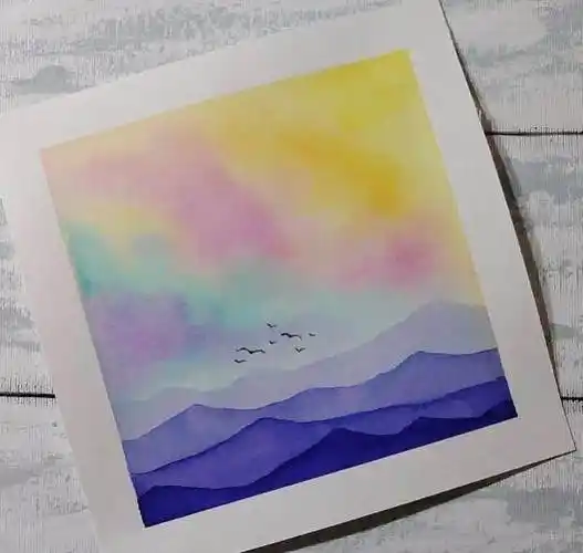 简单的水彩风景小插画,初学者水彩临摹好素材简单的水彩日落风景教程