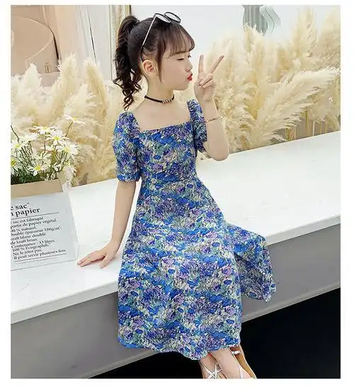 女童碎花连衣裙时尚女孩夏装新款韩版儿童雪纺裙子中大童学生夏季印花