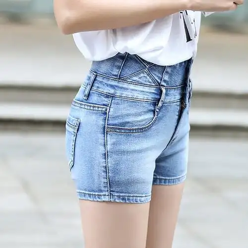 xiaoxiao 筱箫 夏装高腰牛仔短裤女 三粒扣 修身显瘦 防走光 浅蓝色