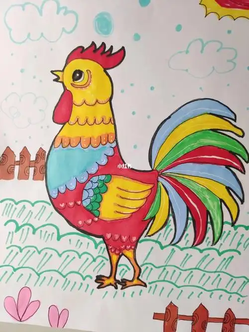 艳丽的大公鸡小丫头画的