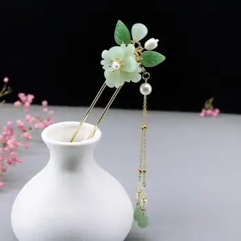 福画古风发簪简约盘翡翠绿牡丹花汉服古装头饰品 绿牡丹发钗款单支