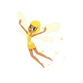 七彩的虹套可爱少女的小精灵,与风和长长的头发跳舞包围火花和星星在