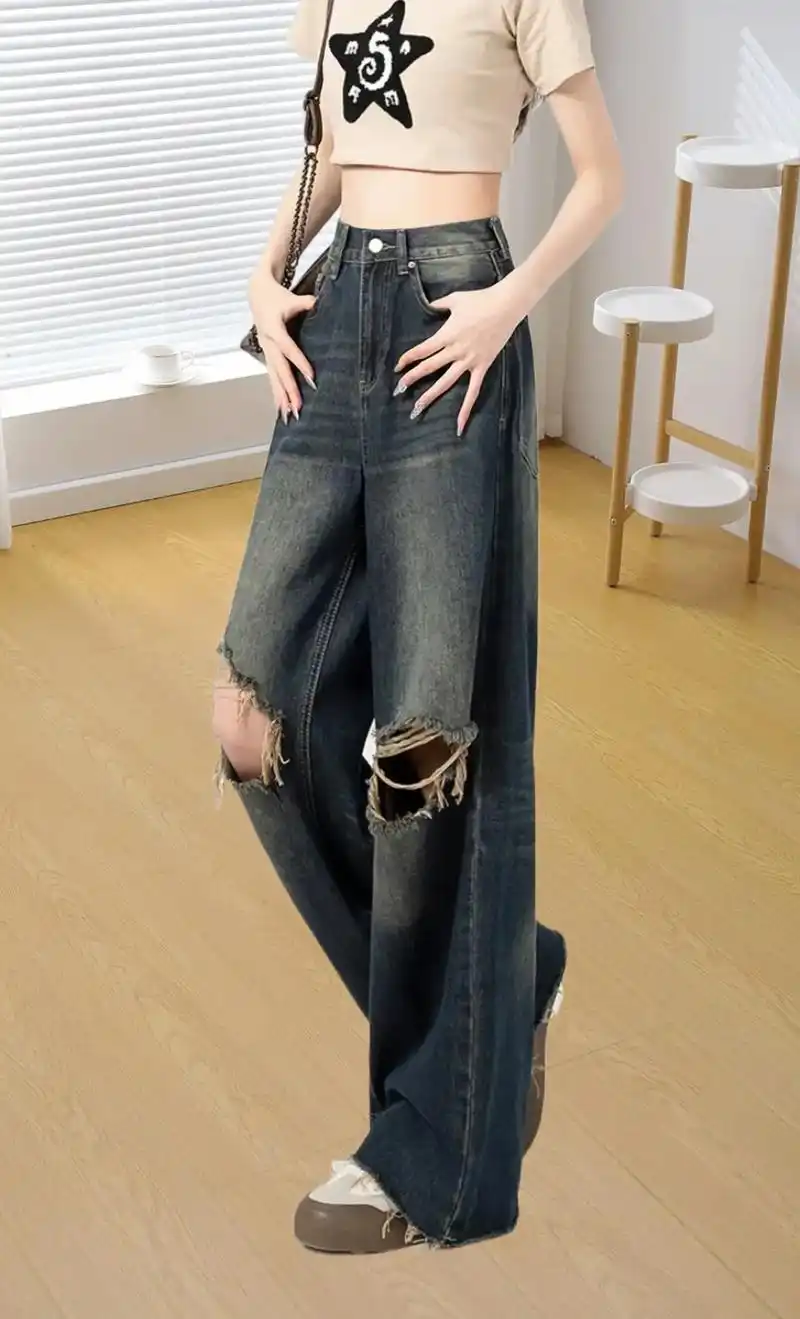 姐妹们～ 90新款破洞阔腿牛仔裤来啦!今年夏天