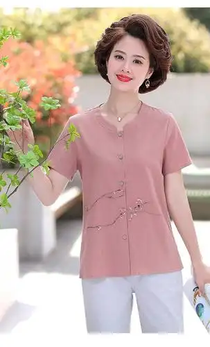中老年女装夏装t恤妈妈装时尚休闲开衫衬衣夏季短袖奶奶装上衣c