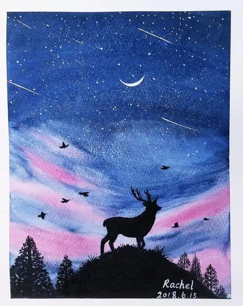 水彩:星空·鹿