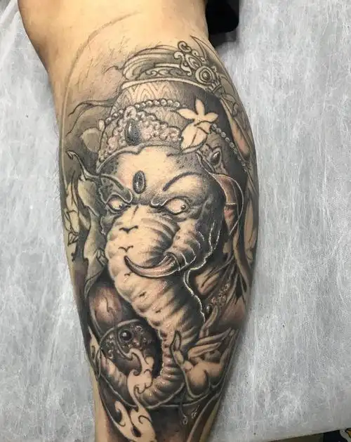 小腿象神纹身图片_腿部新传统纹身图案