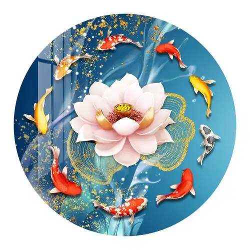 2021新款5d钻石画满客厅圆形九鱼荷花图水钻石绣