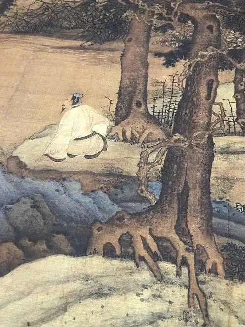 元赵孟頫松水鸥盟图古代名家山水画高清绢布微喷临摹装饰画