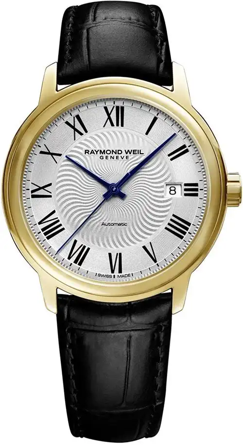 raymond weil maestro 瑞士自动不锈钢和皮革休闲手表,颜色:黑色