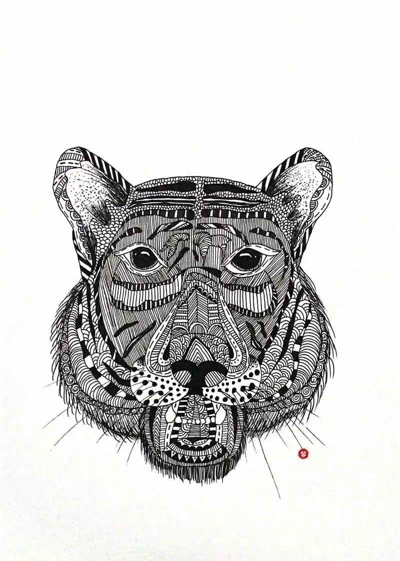 线描画/虎91#画画使我快乐 #每日一画 #老虎 #黑白线描 - 抖音