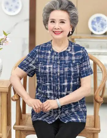 奶奶装夏装套装女短袖开衫60-70岁中老年人服装妈妈夏季衬衫上衣 蓝底