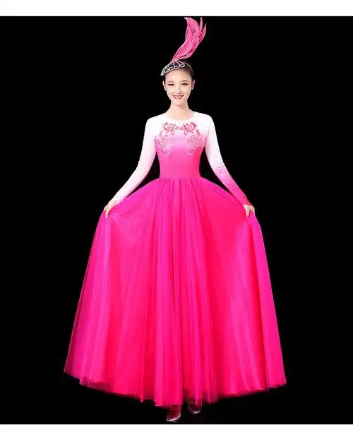 新款开场舞大摆裙演出服女大气歌伴舞合唱服长裙现舞蹈表演服装加头饰