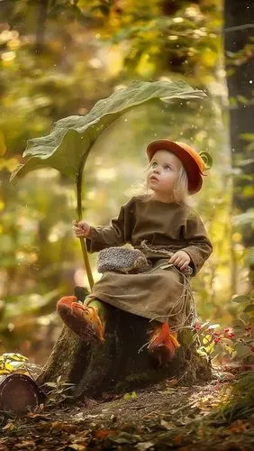 壁纸 可爱的小女孩在森林,刺猬,叶伞 1920x1200 hd 高清壁纸, 图片