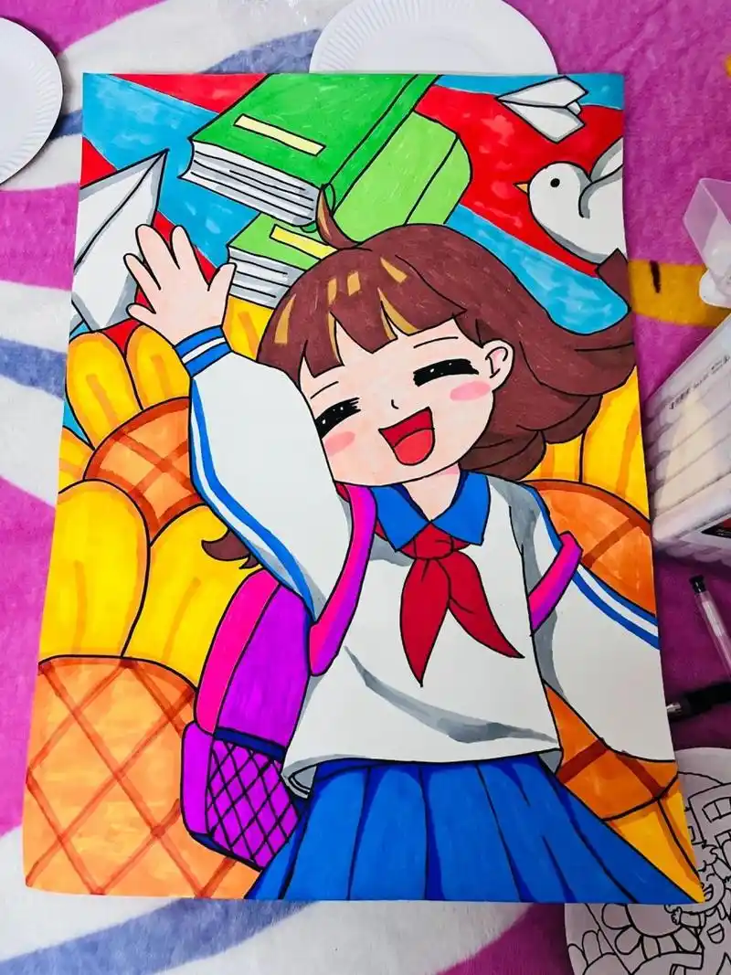 积极向上主题的儿童画(附线稿) 积极向上,在阳光下成长,双减下的我们