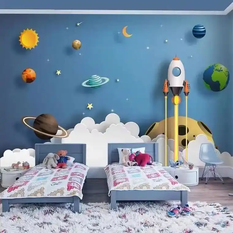 3d背景墙壁画环保儿童房太空星球卡通墙布